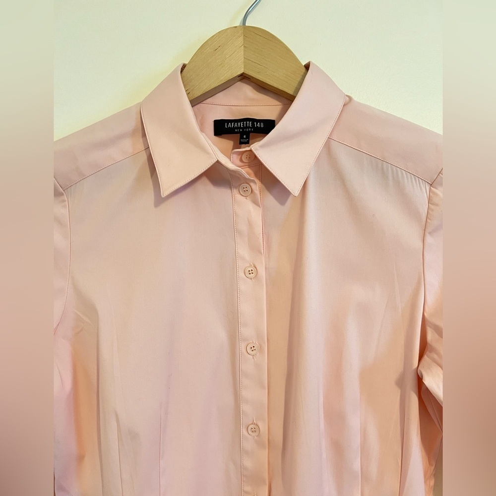 Lafayette 148 Designer Women Button Up Shirt sz 6 Peach Pleated Business Casual - Picture 4 of 16